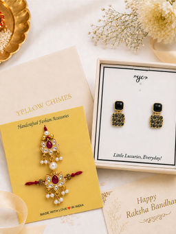 Yellow Chimes - Lotus Motif Lumba and Male Rakhi and Black Drop Earring Gift Combo