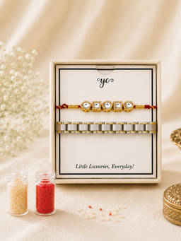 Yellow Chimes - Combo for Bhaiya with Kundan Rakhi and Silver Bracelet With Roli Chawal