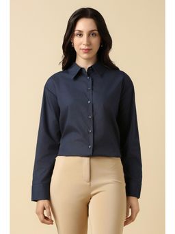 Allen Solly - Women Cotton Blend Solid Collar Neck Regular Fit Navy Blue Shirt