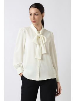 Van Heusen - Women Polyester Solid Tie Up Neck Regular Fit Off White Shirt