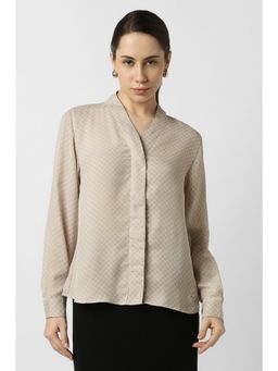 Van Heusen - Women Polyester Checks V-Neck Regular Fit Beige Shirt