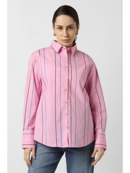 Van Heusen - Women Cotton Blend Stripes Collar Neck Regular Fit Pink Shirt