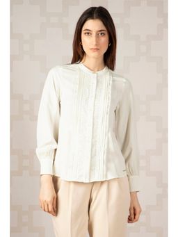 Van Heusen - Women Polyester Self Design Mandarin Neck Regular Fit Beige Shirt