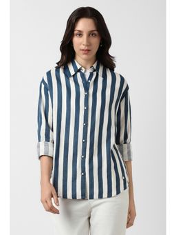 Van Heusen - Women Modal Stripes Collar Neck Regular Fit White Shirt