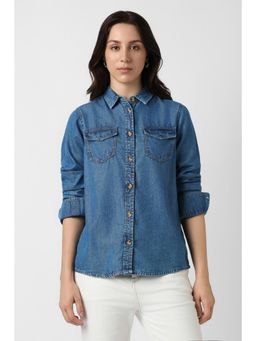 Van Heusen - Women Cotton Blend Solid Collar Neck Regular Fit Blue Shirt