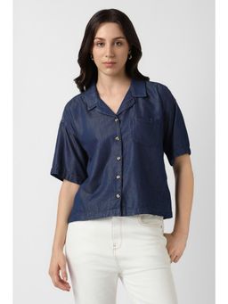 Van Heusen - Women Cotton Blend Solid Collar Neck Regular Fit Navy Blue Shirt