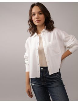 American Eagle - Women Cotton Blend Solid Collar Neck Regular Fit White Shirt