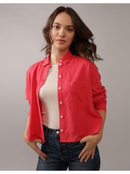 American Eagle - Women Cotton Blend Solid Collar Neck Regular Fit Red Shirt