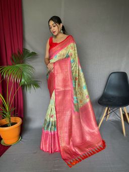 EXCLUSIVA - Green Kanchipuram Kalamkari Print Saree with Unstitched