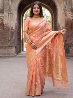 Sareemall - Peach Woven Zari Design Designer Saree with Unstitched Blouse