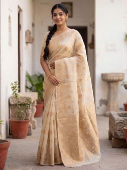 Sareemall - Cream Woven Zari Design Designer Saree with Unstitched Blouse