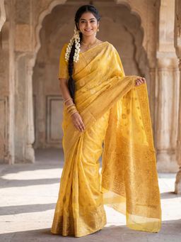 Sareemall - Yellow Woven Zari Design Designer Saree with Unstitched Blouse