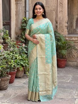Sareemall - Turquoise Woven Zari Design Designer Saree with Unstitched Blouse