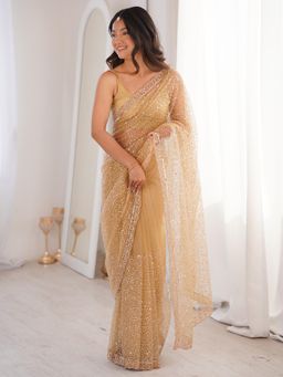 Sareemall - Net Cream Embellished Designer Saree with Unstitched Blouse