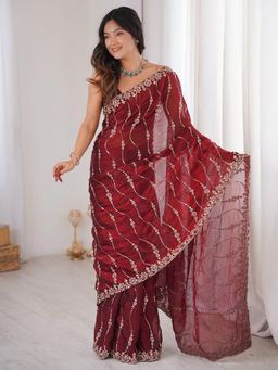 Sareemall - Satin Maroon Embellished Designer Saree with Unstitched Blouse