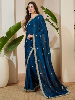 Sareemall - Chinnon Blue Embellished Designer Saree with Unstitched Blouse