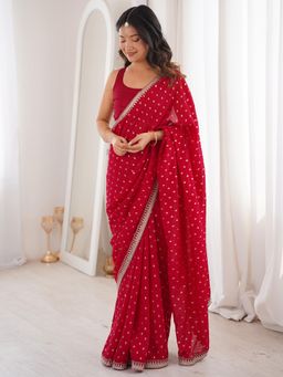 Sareemall - Vichitra Silk Red Embellished Designer Saree with Unstitched Blouse