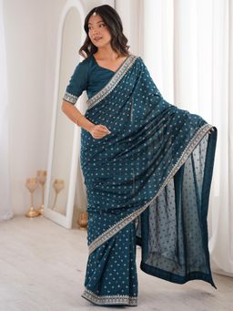 Sareemall - Vichitra Silk Teal Blue Embellished Designer Saree with Unstitched Blouse