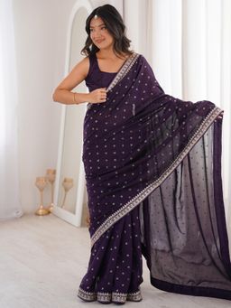 Sareemall - Vichitra Silk Wine Embellished Designer Saree with Unstitched Blouse