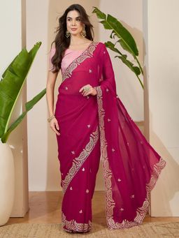 Sareemall - Tissue Pink Zari Embroidered Designer Saree with Unstitched Blouse