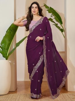 Sareemall - Tissue Wine Zari Embroidered Designer Saree with Unstitched Blouse