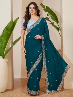 Sareemall - Tissue Teal Blue Zari Embroidered Designer Saree with Unstitched Blouse
