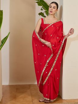 Sareemall - Chinnon Red Embellished Designer Saree with Unstitched Blouse