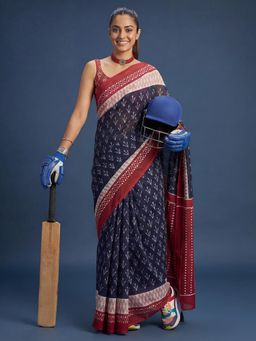 Sareemall - Cotton Navy Blue Printed Designer Saree with Unstitched Blouse