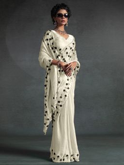Sareemall - Satin Silk Off White Embellished Designer Saree with Unstitched Blouse