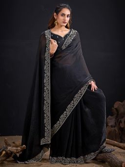 Sareemall - Satin Silk Black Embellished Designer Saree with Unstitched Blouse
