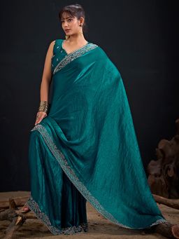 Sareemall - Satin Silk Teal Green Embellished Designer Saree with Unstitched Blouse
