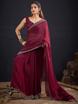 Sareemall - Satin Silk Maroon Embellished Designer Saree with Unstitched Blouse