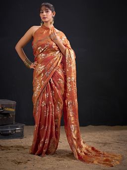 Sareemall - Satin Silk Rust Embellished Designer Saree with Unstitched Blouse