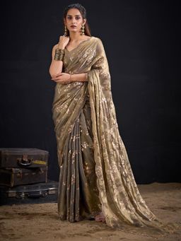 Sareemall - Satin Silk Olive Embellished Designer Saree with Unstitched Blouse