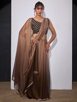 Sareemall - Satin Silk Dark Brown Embellished Designer Saree with Unstitched Blouse