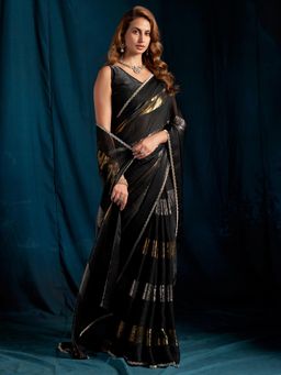 Sareemall - Satin Silk Black Embellished Designer Saree with Unstitched Blouse