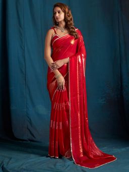 Sareemall - Satin Silk Red Embellished Designer Saree with Unstitched Blouse