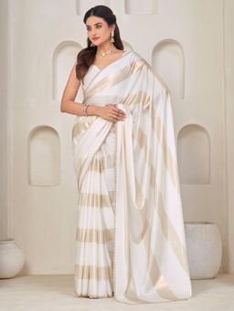 Sareemall - Satin Silk Off White Embellished Designer Saree with Unstitched Blouse