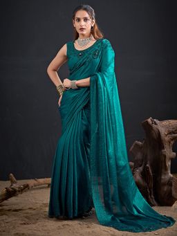 Sareemall - Satin Silk Teal Green Embellished Designer Saree with Unstitched Blouse