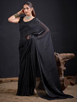 Sareemall - Satin Silk Black Embellished Designer Saree with Unstitched Blouse