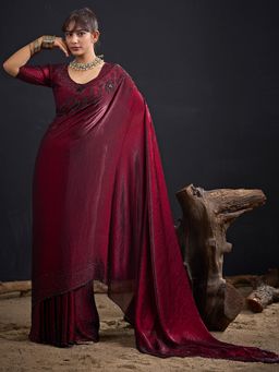 Sareemall - Satin Silk Maroon Embellished Designer Saree with Unstitched Blouse