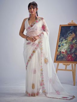 Sareemall - Organza Off White Embellished Designer Saree with Unstitched Blouse