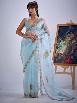 Sareemall - Organza Light Blue Embellished Designer Saree with Unstitched Blouse
