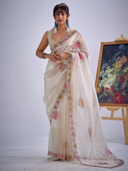 Sareemall - Organza White Embellished Designer Saree with Unstitched Blouse