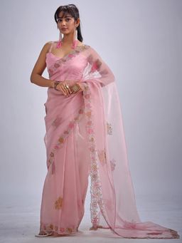 Sareemall - Organza Pink Embellished Designer Saree with Unstitched Blouse