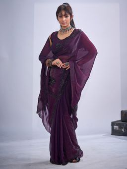 Sareemall - Satin Silk Wine Embellished Designer Saree with Unstitched Blouse