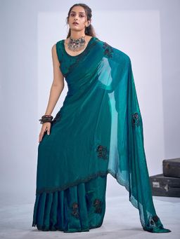 Sareemall - Satin Silk Teal Green Embellished Designer Saree with Unstitched Blouse