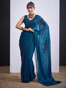 Sareemall - Satin Silk Teal Blue Embellished Designer Saree with Unstitched Blouse