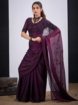 Sareemall - Satin Silk Wine Embellished Designer Saree with Unstitched Blouse