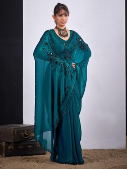 Sareemall - Satin Silk Teal Green Embellished Designer Saree with Unstitched Blouse